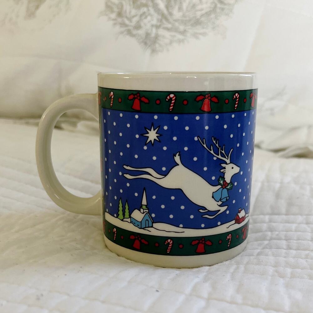 Vintage Blue Reindeer Christmas Mug Coffee Cup Holiday Snow Gift 1990s